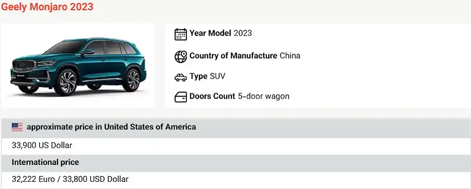 Geely cars price in usa