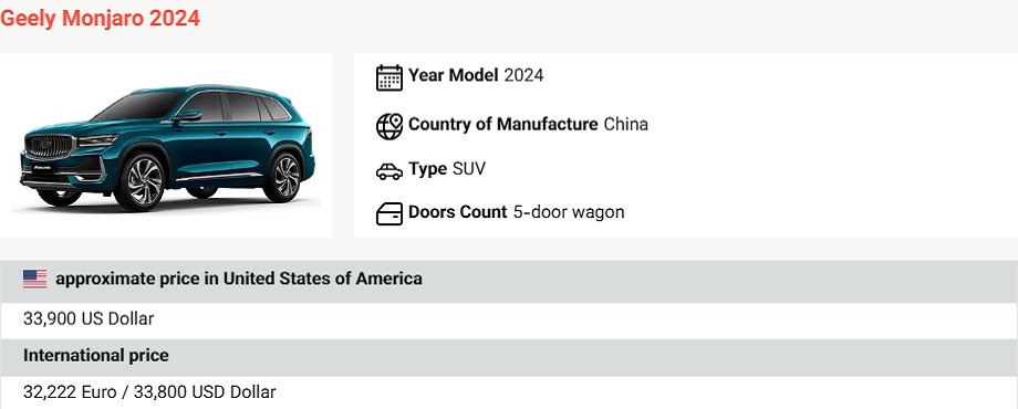 Geely cars price in usa